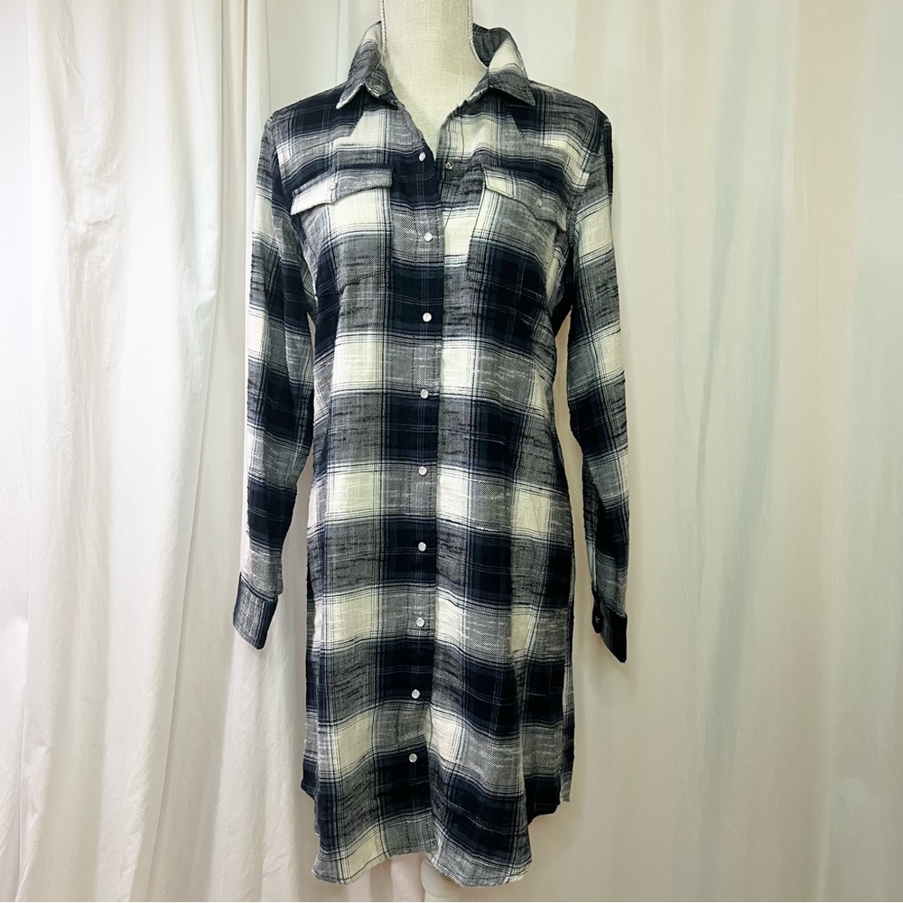 EUC Old Navy L/S Western Mini-dress Blue Plaid Flannel Pearl Snap Button Med